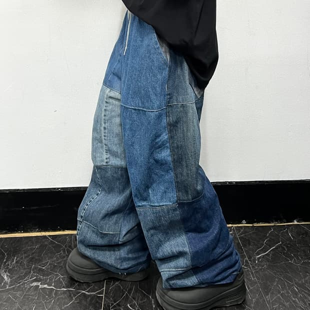 빈티지 커스텀 메이드 배색 데님 와이드 팬츠
