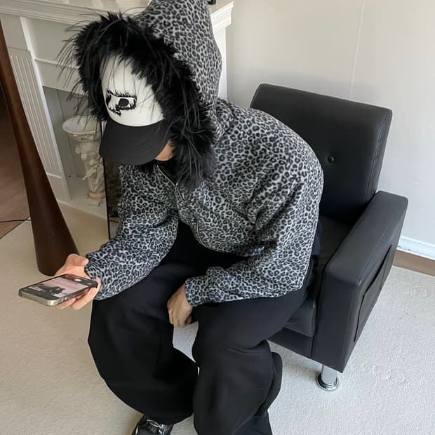레오파드 호피 퍼 후드 후리스 기모 집업