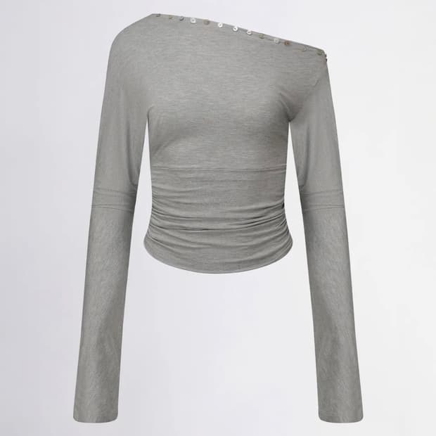 Shell Button Sleeve Top Melange Gray