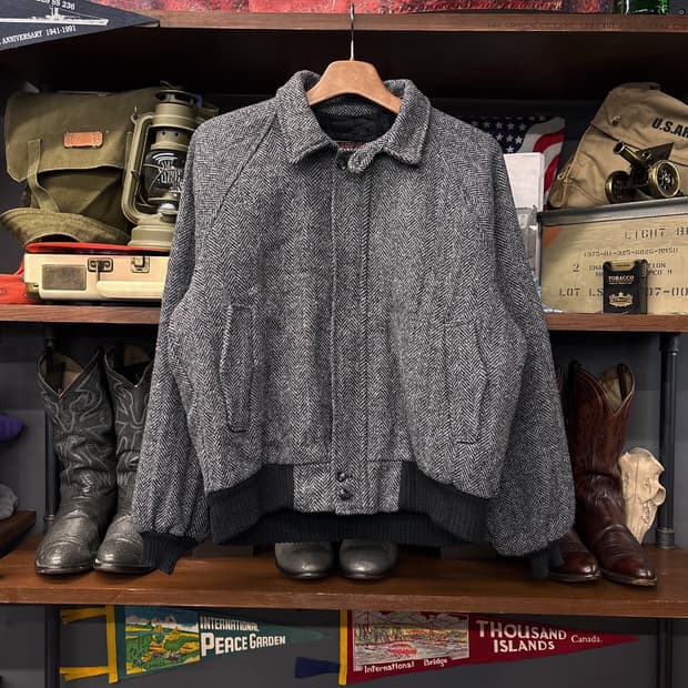 80s John L Blain 트위드 헤링본 패디드 울 블루종 N369