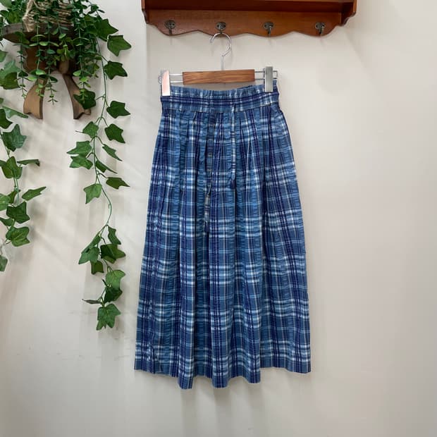 사와코 무드 하구미 소프트 블루 체크 코튼 롱 스커트 🏠