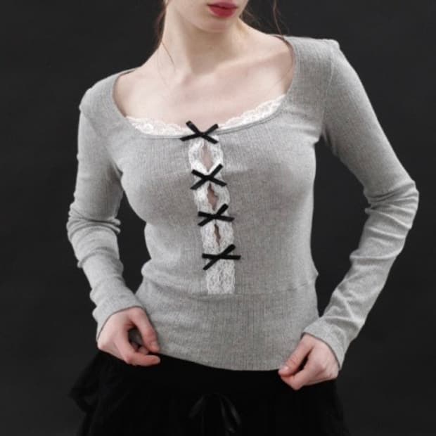 드라이로즈 SPRING HOLE RIBBON TOP GRAY