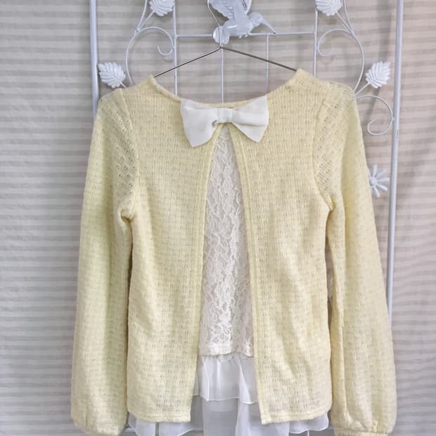 jpn vintage 로걀 페일 옐로우 프릴 레이스 바선생 리본 니트
