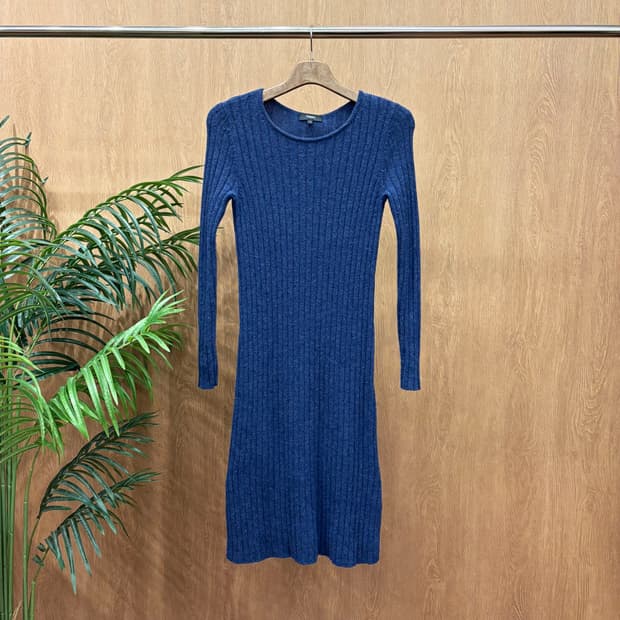 띠어리 니트 롱 원피스 라운드넥 골지 디테일 슬림핏 무지 네이비