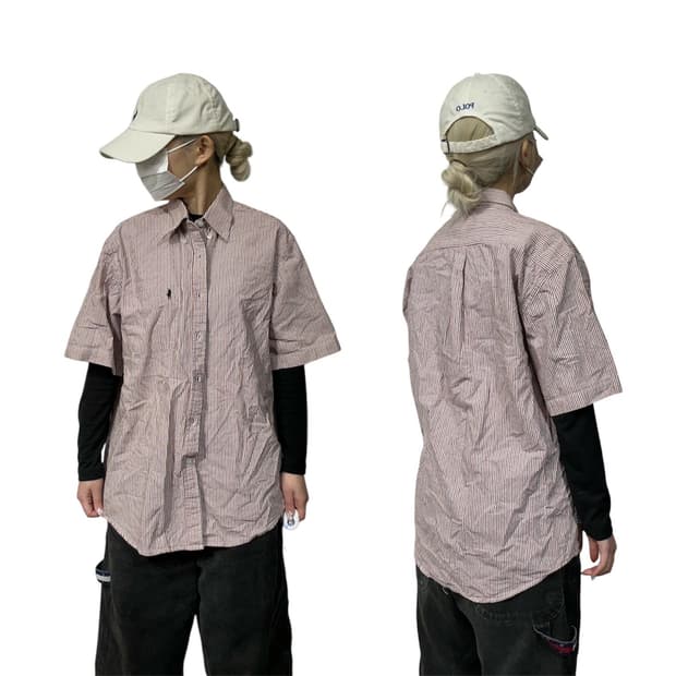 랄프 로렌 레드 스트라이프 오버핏 카라 반팔 셔츠 L