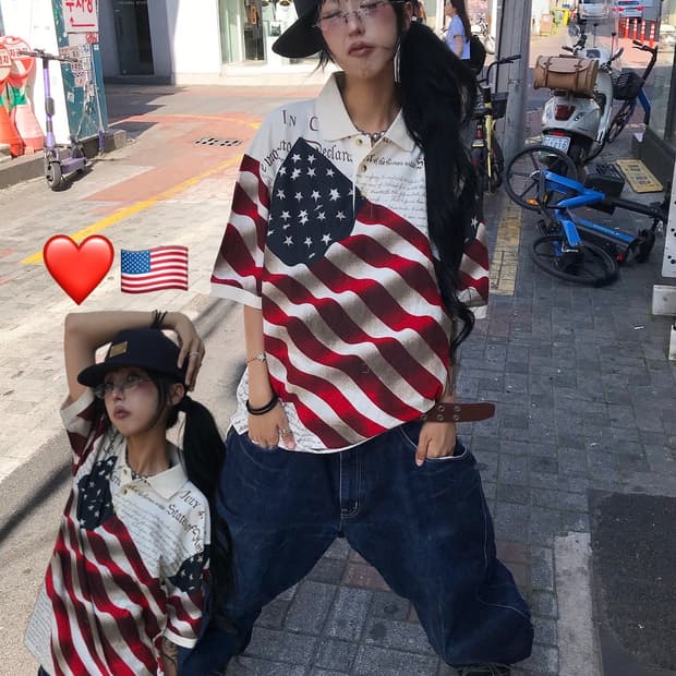 🇺🇸 풀 성조기 프린팅 피케 반팔 티셔츠 🇺🇸