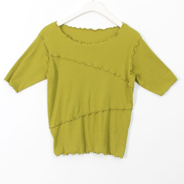 일본 빈티지 라임 골지 자수 반팔 니트 티셔츠