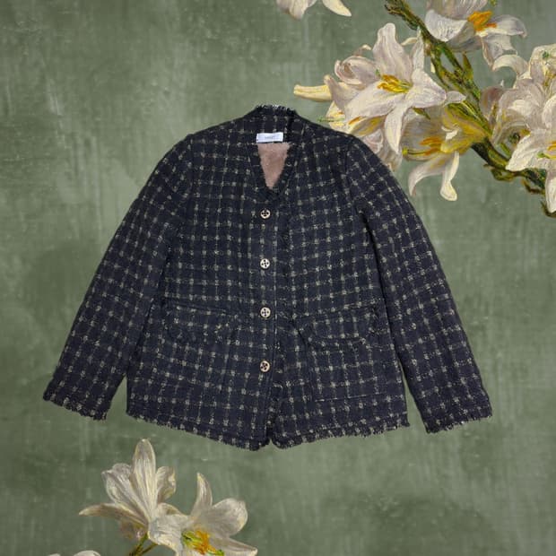 빈티지 골드블랙 단추체크 트위드 자켓