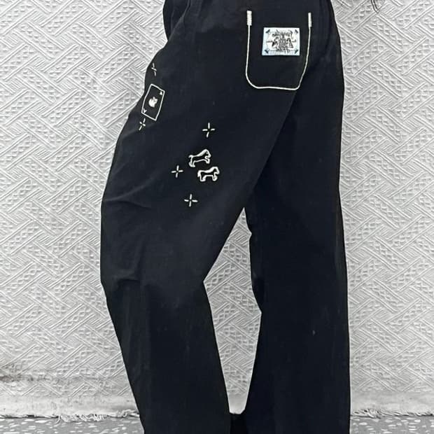론론 드로잉 스트릿 펑크 키치 자수 파라슈트 팬츠 F C09485