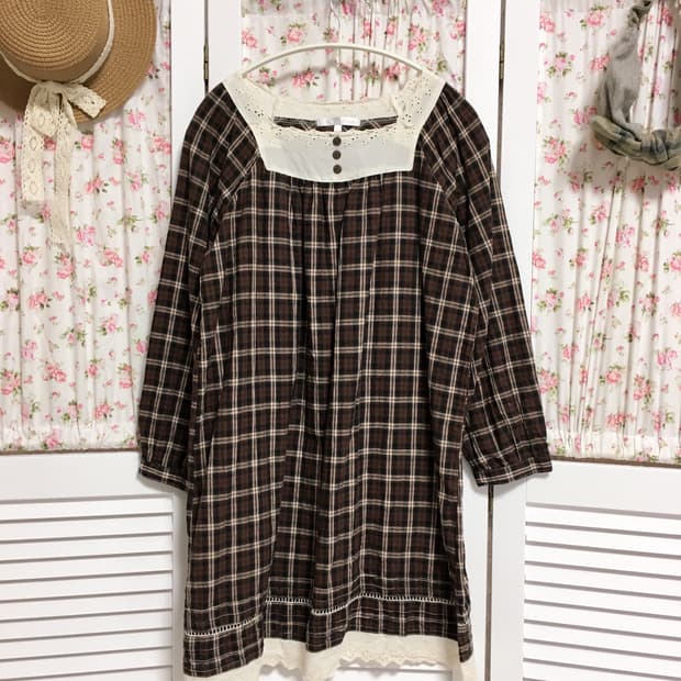 빈티지 브라운 체크 블라우스