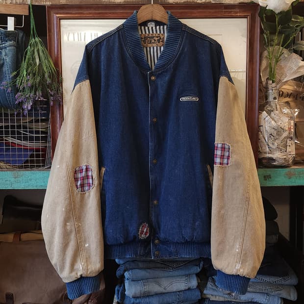 90s 빈티지 데님 바시티 자켓 컨트리 체크 패치워크 빅사이즈 3XL