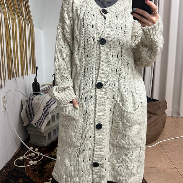 빈티지 여성 케이블 니트 롱 가디건