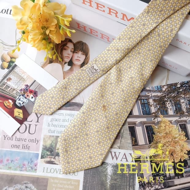 에르메스 실크 옐로우 서클 패턴 넥타이 9.6cm B등급 A19136
