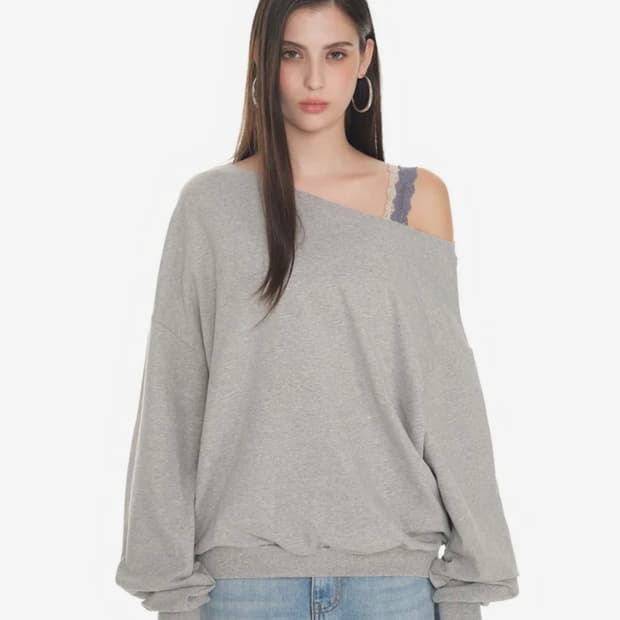 (택O) 투머치택스 asymmetric 원숄더 스웻셔츠 (그레이)