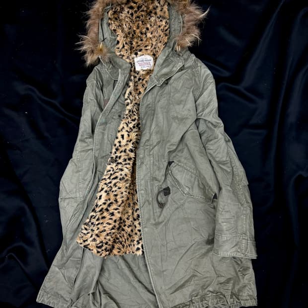Leopard Detail Khaki Fur Hoodie Field Ja