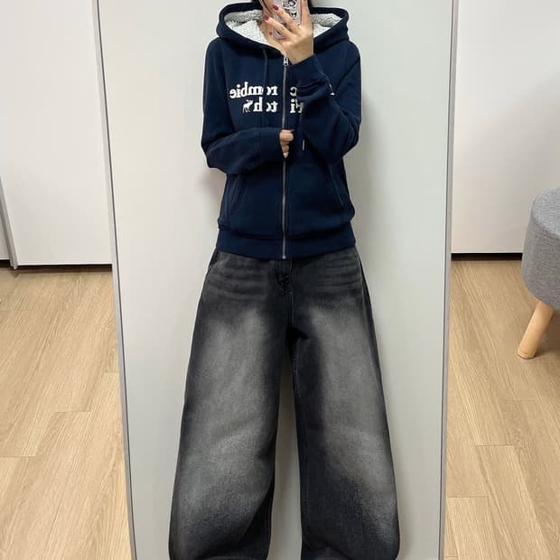 아베크롬비 자수로고 양털안감 네이비 후드집업