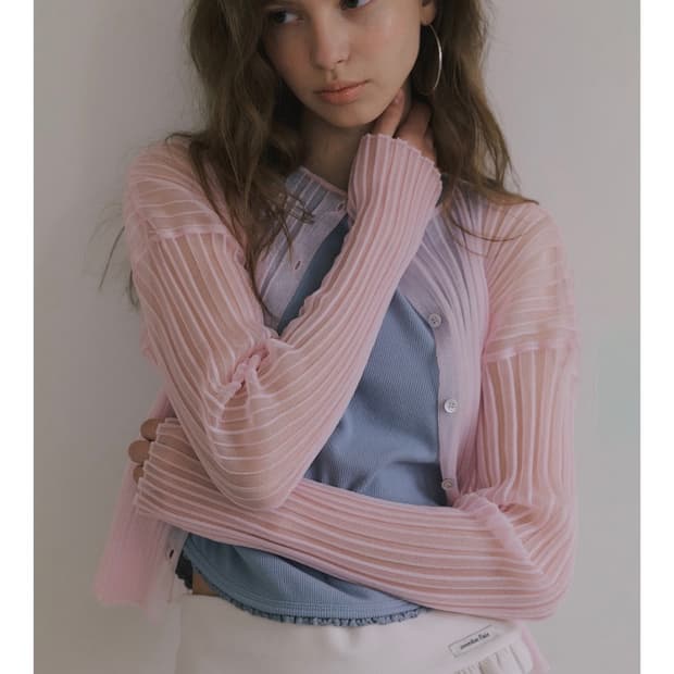 오버듀플레어 SHEER GLOSSY RIBBED CARDIGAN_PINK
