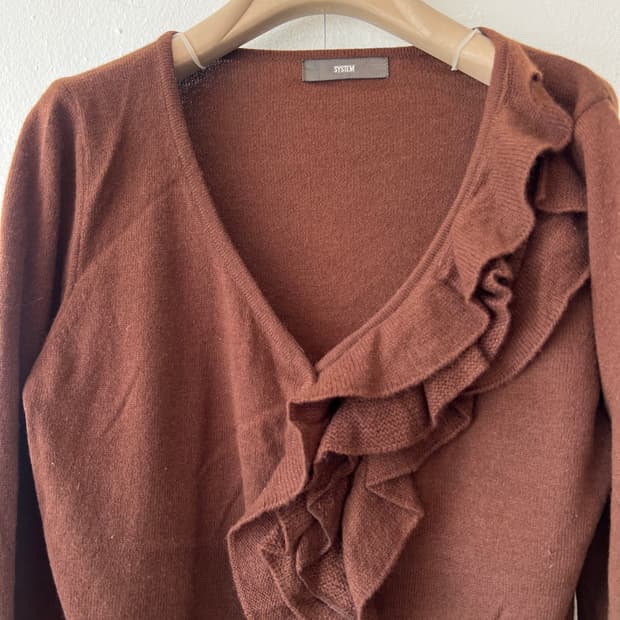 시스템 여성 브라운 프릴장식 브이넥니트 울니트 90