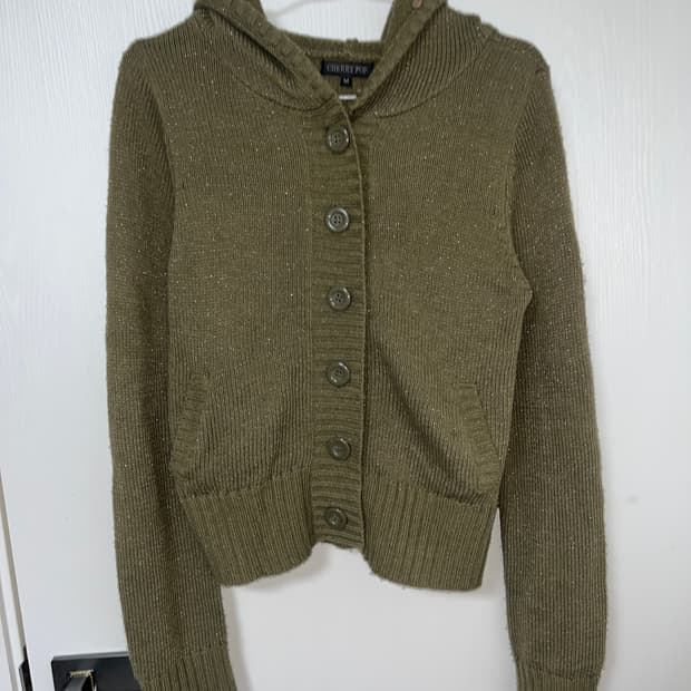 빈티지 카키 슬림 니트 후드집업