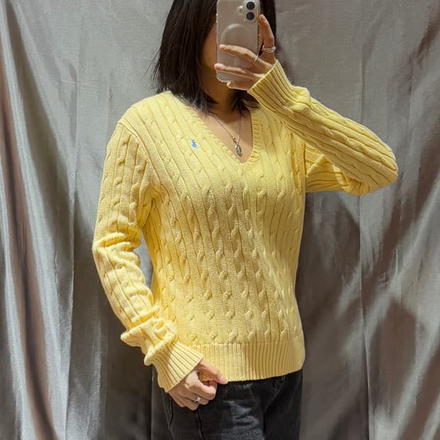 L 폴로랄프로렌 옐로우 브이넥 케이블 니트