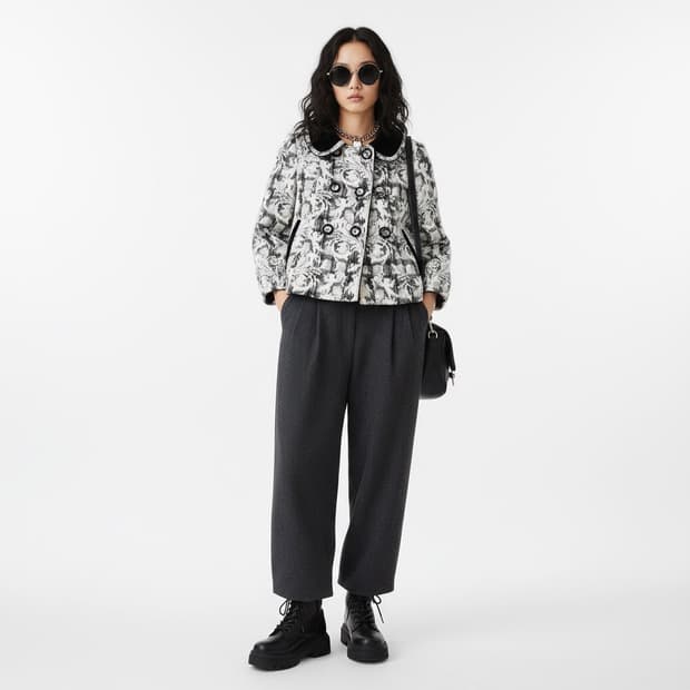 샤틴 페 블랙 화이트 플로럴 더블버튼 크롭 자켓 OS(빈티지) 