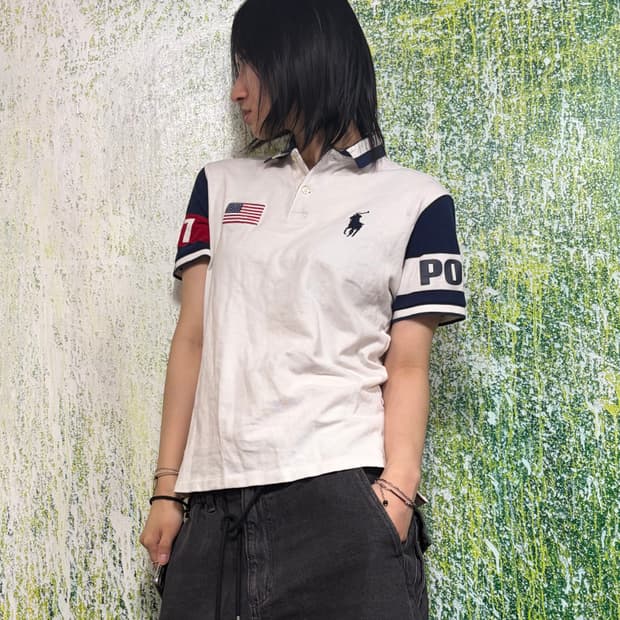 폴로 대대장 빅포니 치프키프 USA 1967 화이트 반팔 카라 티셔츠 M