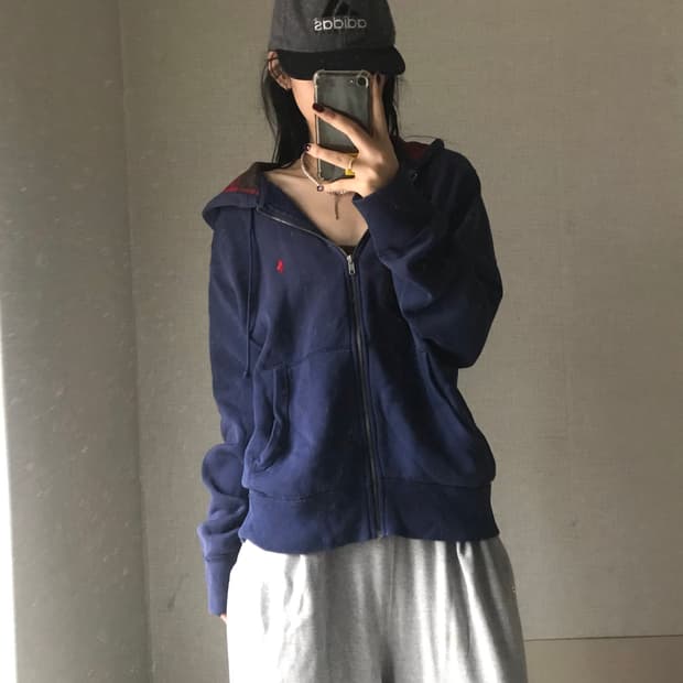 폴로 네이비 체크후드 후드집업