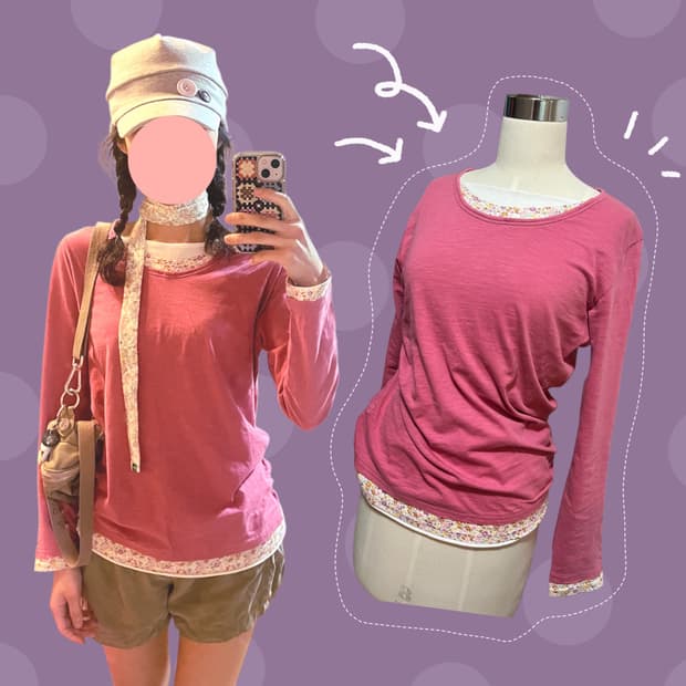 빈티지 진달래핑크 플라워 레이어드 티셔츠