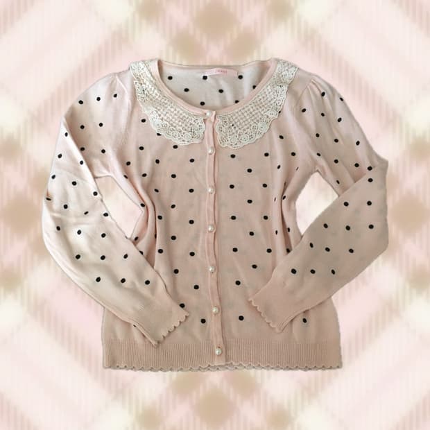 핑크 땡땡이 도트 레이스 진주 가디건 라떼 히메 갸루 러블리 로걀 빈티지