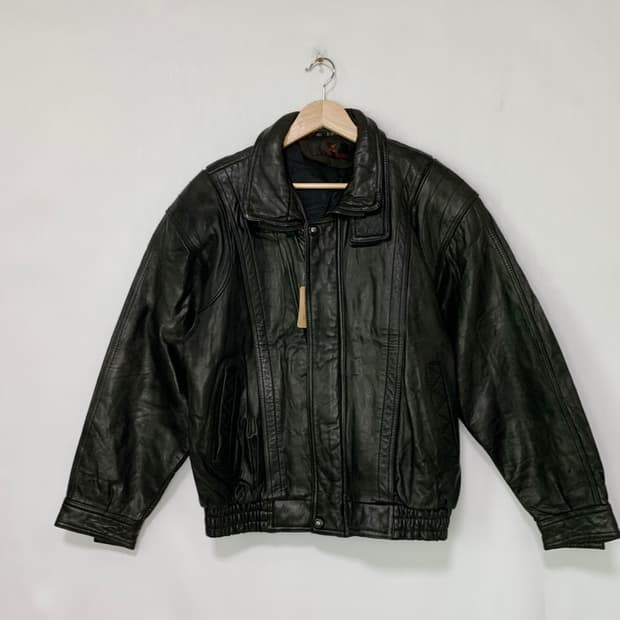 빈티지 블랙 리얼레더 하이넥 소가죽 오버핏 블루종 봄버 자켓