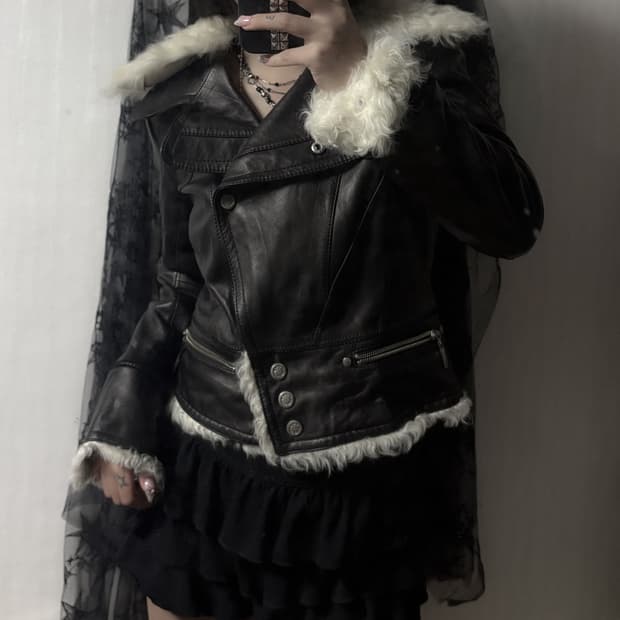 펑크 y2k 퍼 포인트 소가죽 자켓 