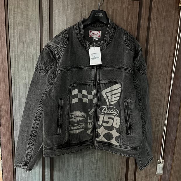 새상품(L)에이카화이트 데님 프린팅 바이커 자켓 그레이