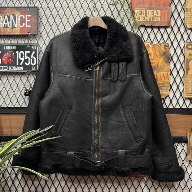 90s USA VINTAGE B-3 타입 항공 레더 스웨이드 무스탕 블랙