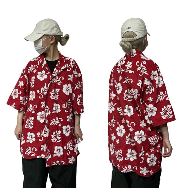 빈티지 레드 하와이안 꽃 패턴 반팔 오버핏 셔츠