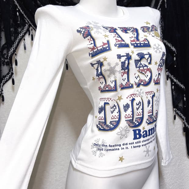 리즈리사돌 헤이세이 키치 갸루 레터링 글리터 프린팅 긴팔탑 핀터 펑크