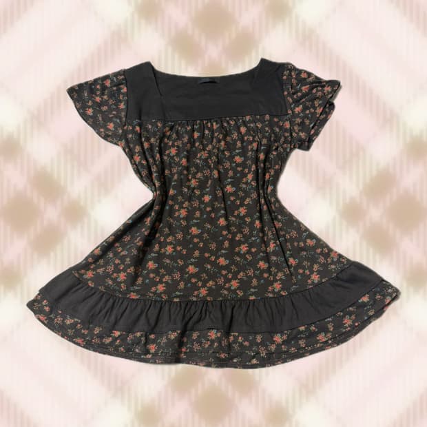 브라운 플로럴 반팔 탑 니트 블라우스 라떼 히메 카지 갸루 러블리 로걀