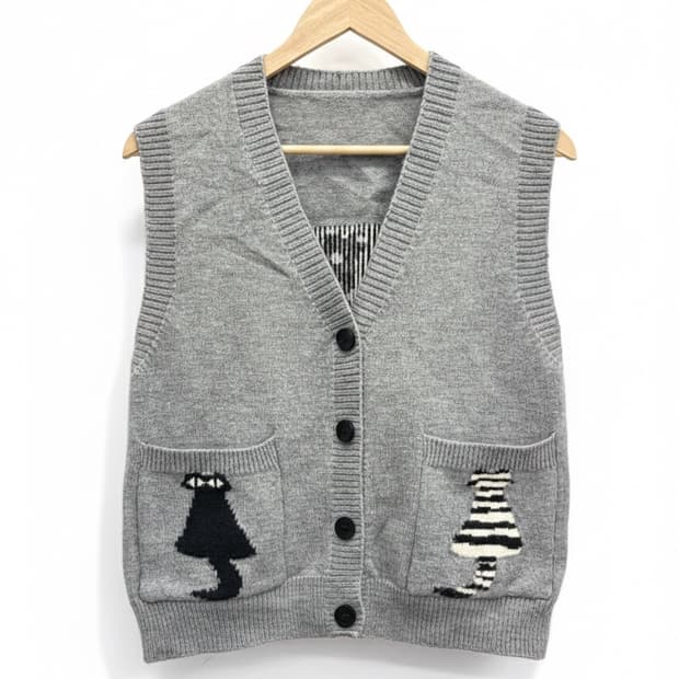 고양이 자수 니트 조끼 (그레이)