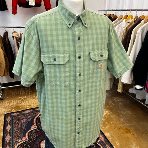 칼하트 더블 포켓 체크 반팔 셔츠 그린