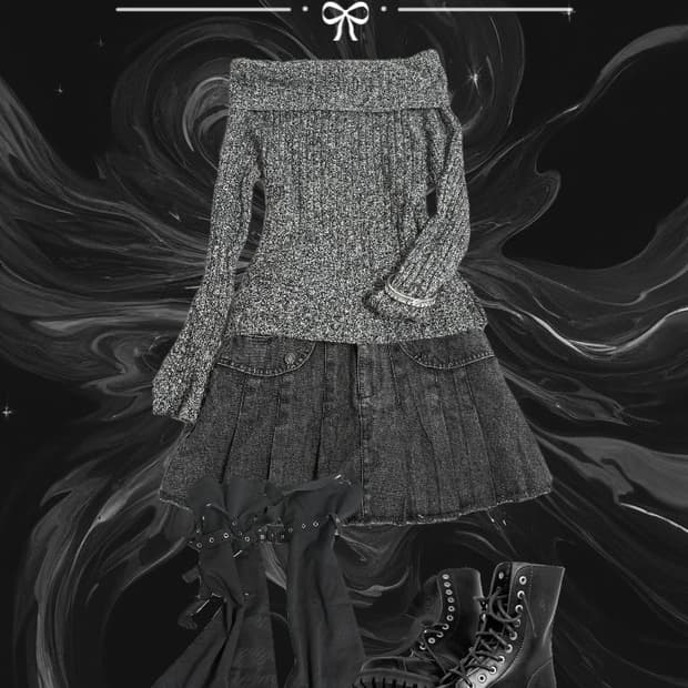 black y2k set 와이투케이 블랙 오픈숄더 니트 코디 세트