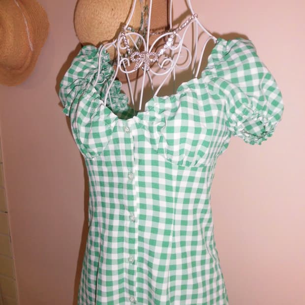 H&M 체크 그린 퍼프 미니 원피스