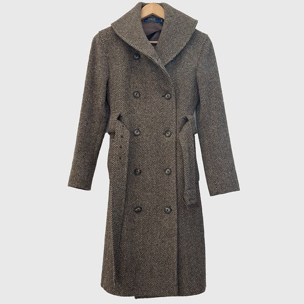 폴로 랄프로렌 울 100% 헤링본 트위드 벨티드 롱 코트 여성