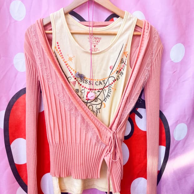 (set) 빈티지 캣 슬리브리스+레이스 랩 니트