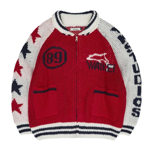 [새제품] 와이케이 waikei 돌핀 스타 로고 집업 헤비 가디건 레드