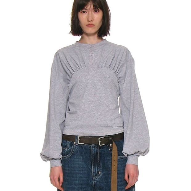 shirring henley neck long sleeve melange
