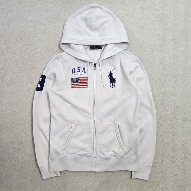 폴로 랄프 로렌 성조기 빅포니 후드 집업 S 화이트