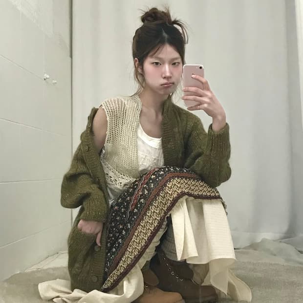 빈티지 카키 그런지 소녀 이너 코디 세트