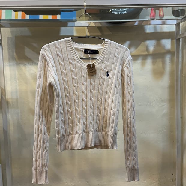 폴로 랄프로렌 케이블 니트 브이넥 스웨터 화이트 XS