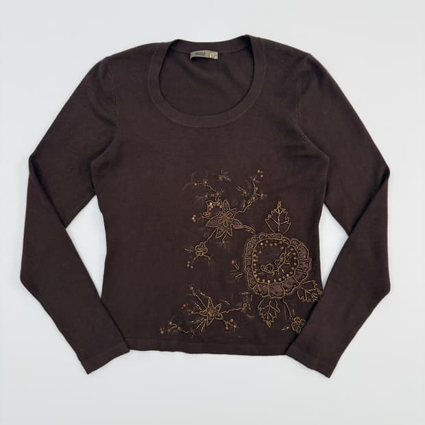 빈티지 Alissa 브라운 자수 비즈 니트