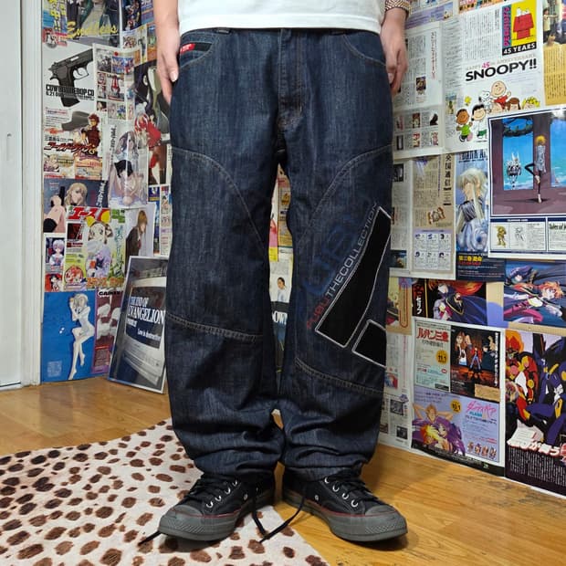후부 반밴드 진청 절개 오버핏 데님 팬츠