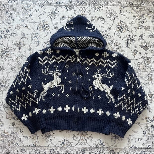 빈티지 사슴 노르딕 후드 니트집업